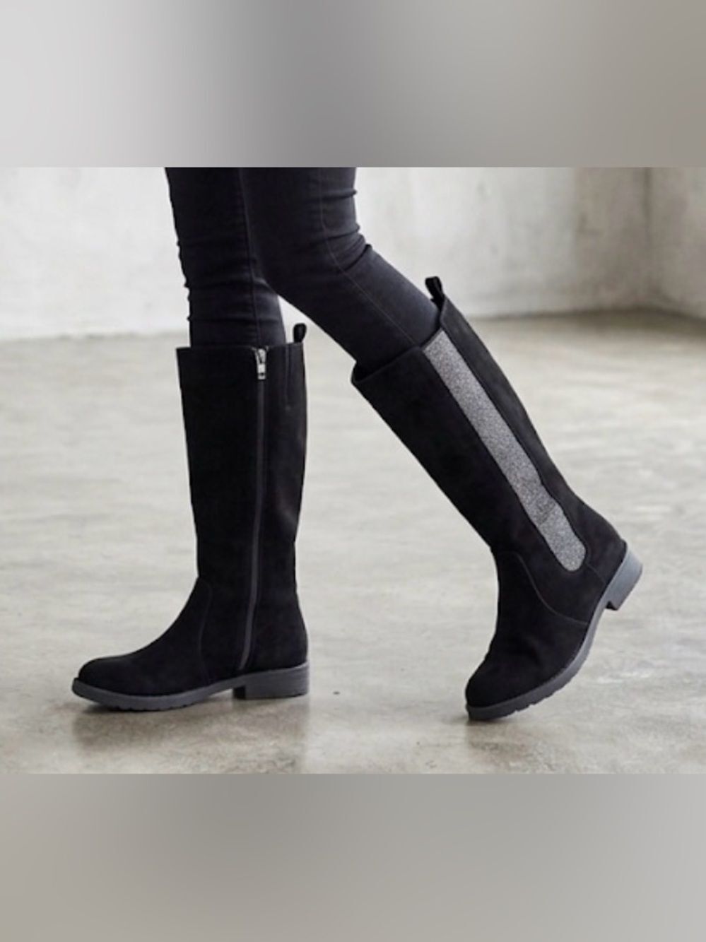 Cat & Jack Black Over-the-Knee Suede Boots with Silver Panel